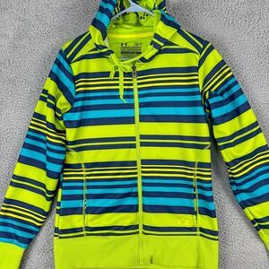 Under Armour Hoodie Mens Small Green Stripe Pullover Sweatshirt Outdoor Athletic